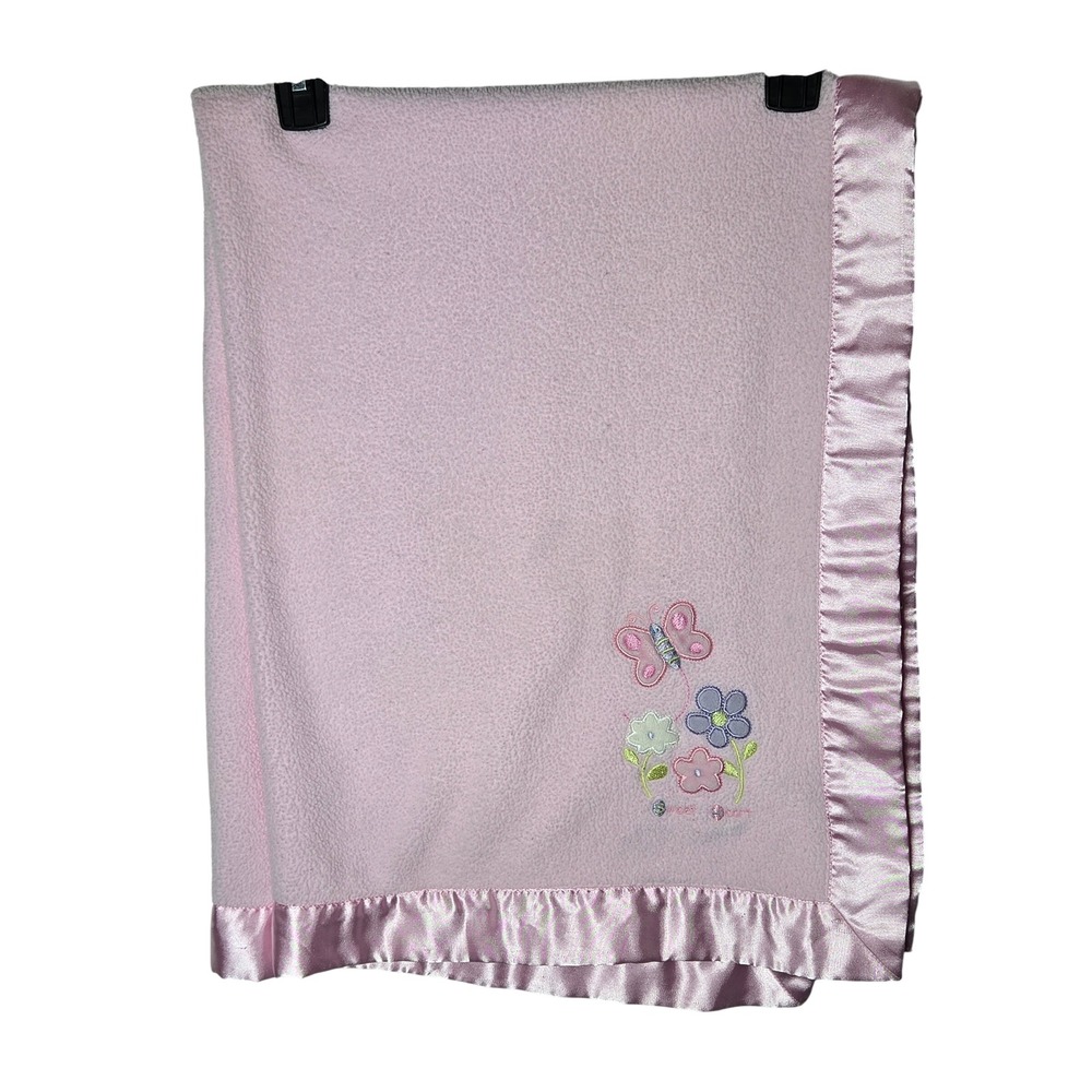 Carters Just One Year Pink Fleece  Satin Trim Baby Blanket Butterfly Security‎